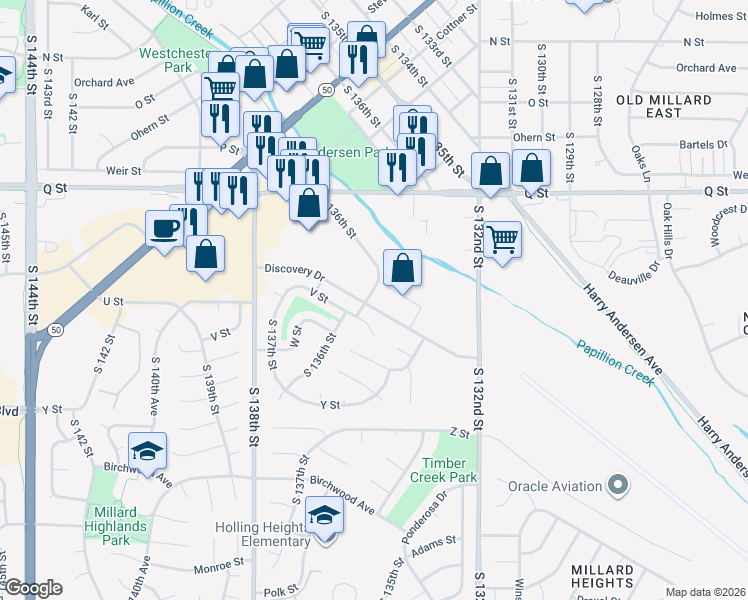 map of restaurants, bars, coffee shops, grocery stores, and more near 13548 Discovery Drive in Omaha