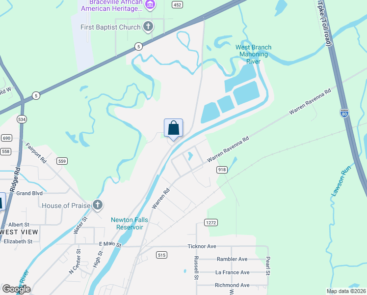 map of restaurants, bars, coffee shops, grocery stores, and more near 4548 Mahoning Drive in Newton Falls