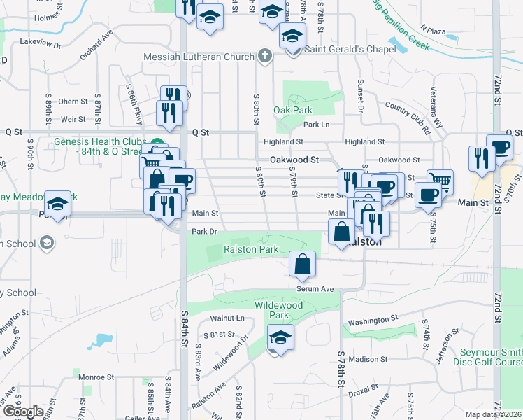 map of restaurants, bars, coffee shops, grocery stores, and more near 5516 South 80th Street in Ralston