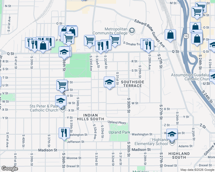 map of restaurants, bars, coffee shops, grocery stores, and more near 5521 South 32nd Street in Omaha