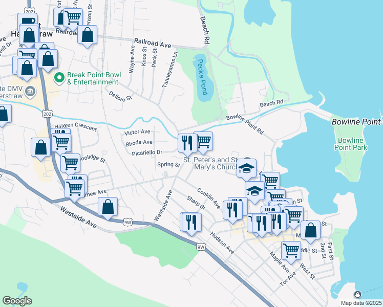 map of restaurants, bars, coffee shops, grocery stores, and more near Westside Avenue & Broadway Street in Haverstraw
