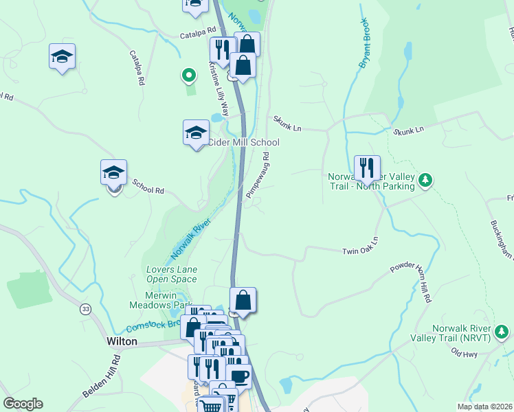map of restaurants, bars, coffee shops, grocery stores, and more near 3 Pimpewaug Road in Wilton