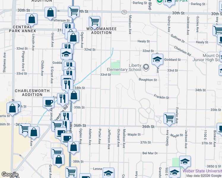 map of restaurants, bars, coffee shops, grocery stores, and more near 3382 Jefferson Avenue in Ogden