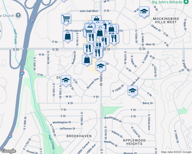 map of restaurants, bars, coffee shops, grocery stores, and more near 10812 Borman Avenue in Omaha