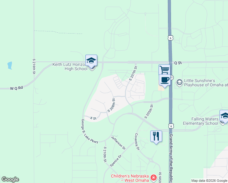 map of restaurants, bars, coffee shops, grocery stores, and more near 5543 South 208th Circle in Omaha