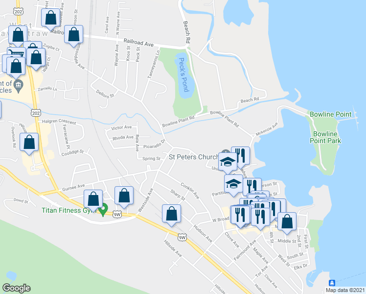 map of restaurants, bars, coffee shops, grocery stores, and more near 172 Broadway in Haverstraw