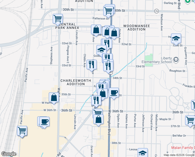 map of restaurants, bars, coffee shops, grocery stores, and more near 308 34th Street in Ogden