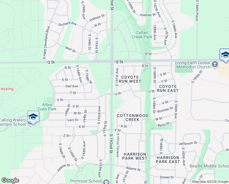 map of restaurants, bars, coffee shops, grocery stores, and more near 19122 U Street in Omaha