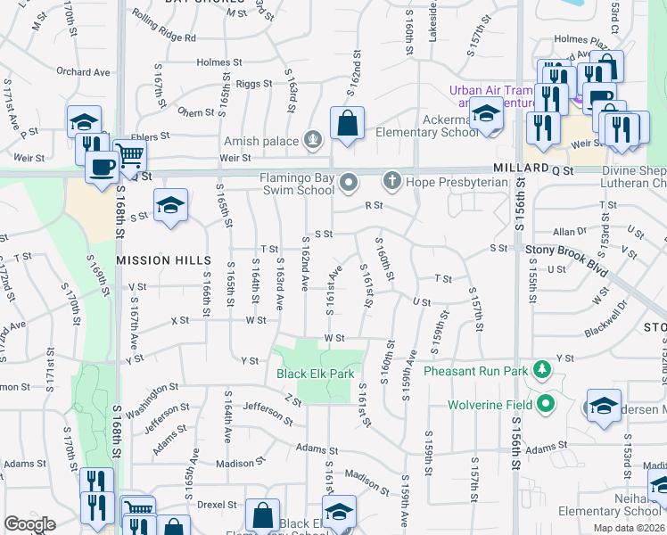 map of restaurants, bars, coffee shops, grocery stores, and more near 16152 T Circle in Omaha