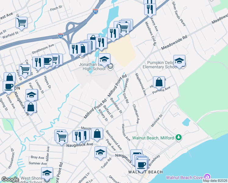 map of restaurants, bars, coffee shops, grocery stores, and more near 873 Milford Point Road in Milford