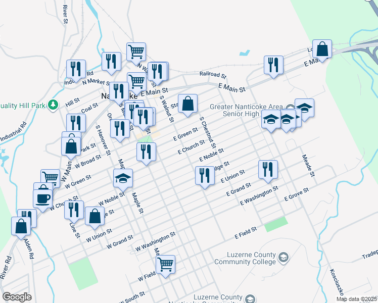 map of restaurants, bars, coffee shops, grocery stores, and more near 201 E Church St in Nanticoke