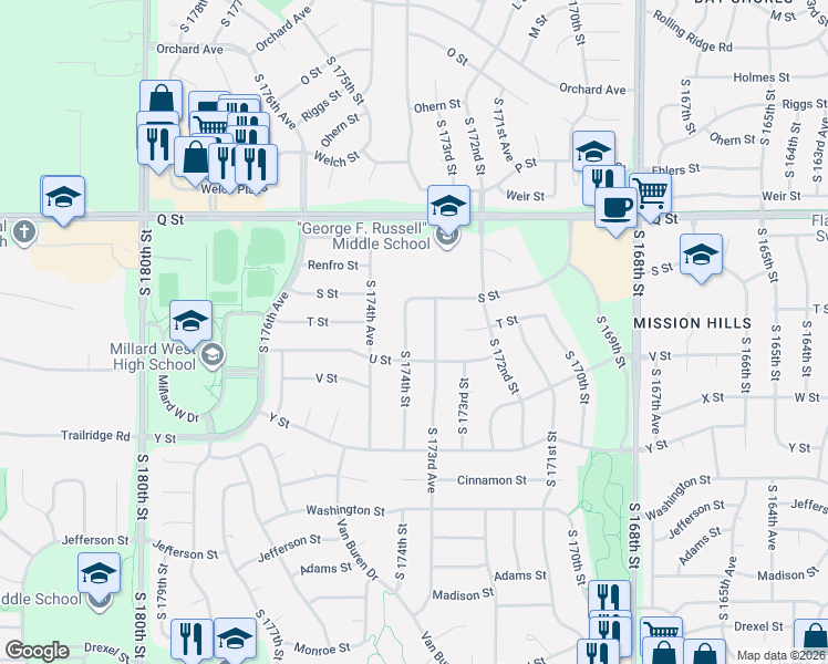 map of restaurants, bars, coffee shops, grocery stores, and more near 5415 South 174th Street in Omaha
