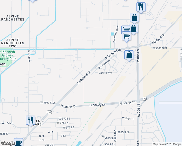 map of restaurants, bars, coffee shops, grocery stores, and more near 3445 South Kenna Lane in West Haven
