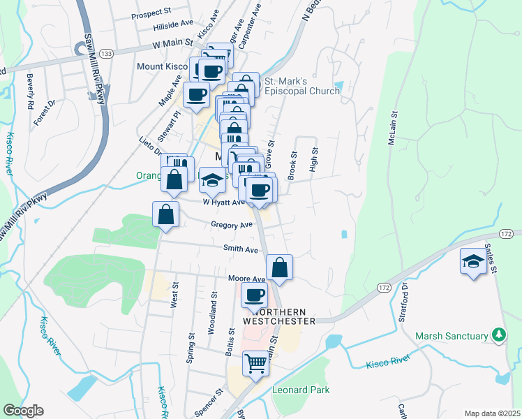 map of restaurants, bars, coffee shops, grocery stores, and more near 170 Grove Street in Mount Kisco