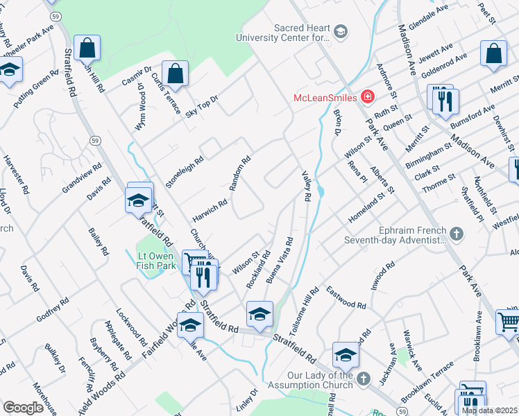 map of restaurants, bars, coffee shops, grocery stores, and more near 101 Chatham Road in Fairfield
