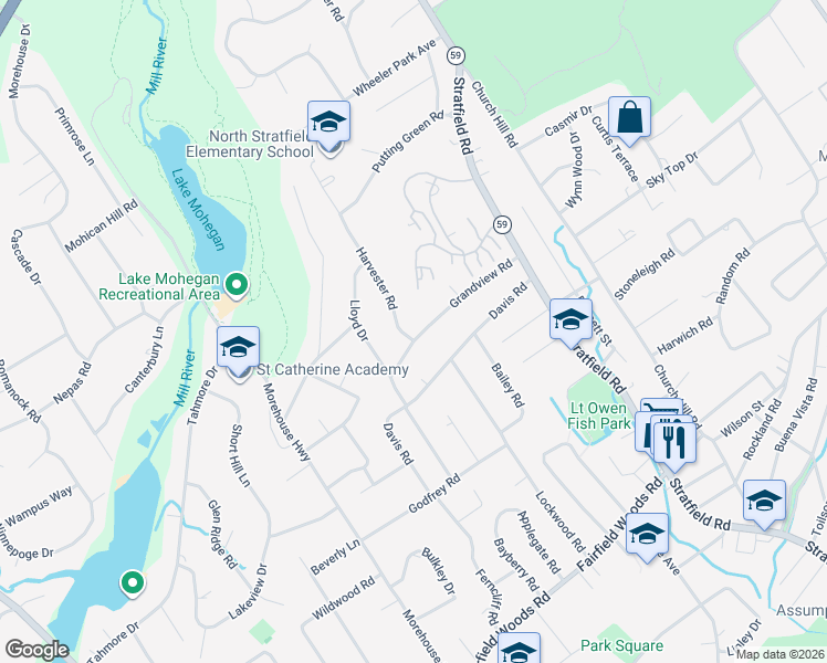 map of restaurants, bars, coffee shops, grocery stores, and more near 272 Grandview Road in Fairfield