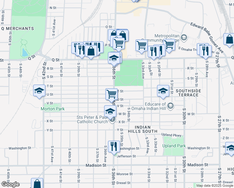 map of restaurants, bars, coffee shops, grocery stores, and more near 5509 South 36th Street in Omaha