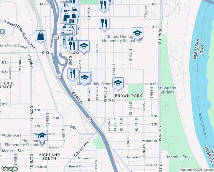 map of restaurants, bars, coffee shops, grocery stores, and more near 5603 South 20th Street in Omaha