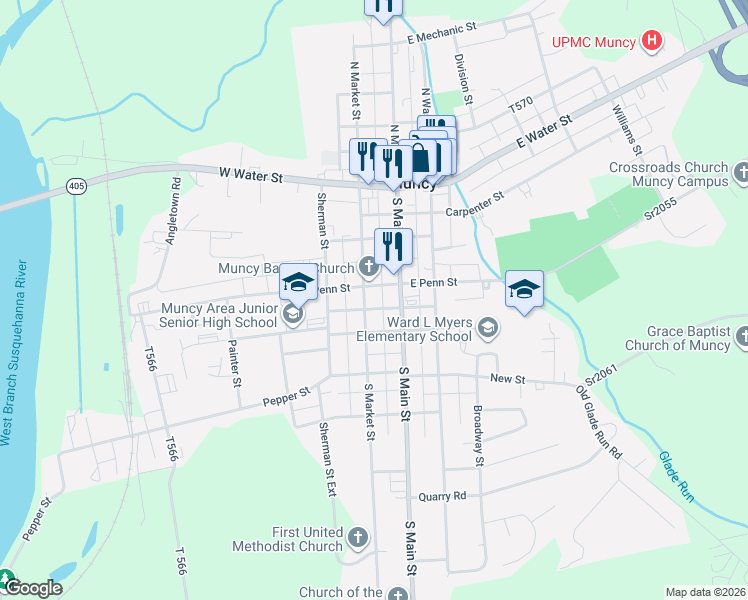map of restaurants, bars, coffee shops, grocery stores, and more near Mc Carty Alley in Muncy