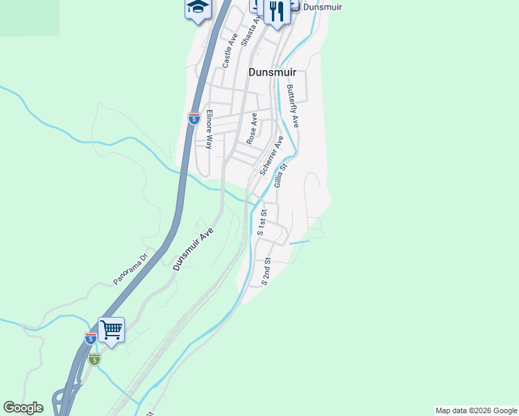 map of restaurants, bars, coffee shops, grocery stores, and more near 107 South 1st Street in Dunsmuir