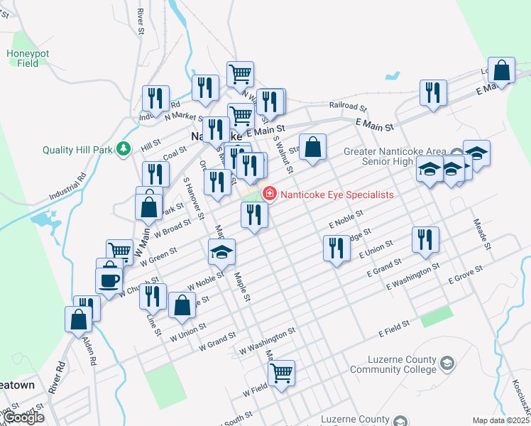 map of restaurants, bars, coffee shops, grocery stores, and more near 35 East Green Street in Nanticoke