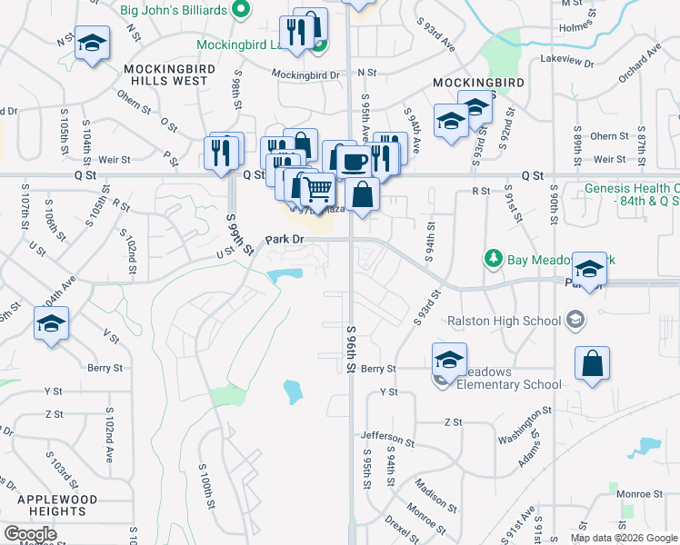 map of restaurants, bars, coffee shops, grocery stores, and more near 5632 South 96th Street in Omaha