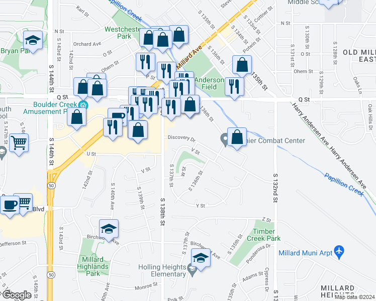 map of restaurants, bars, coffee shops, grocery stores, and more near 13665 V St in Omaha