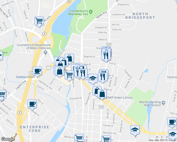 map of restaurants, bars, coffee shops, grocery stores, and more near 68 Palm Street in Bridgeport