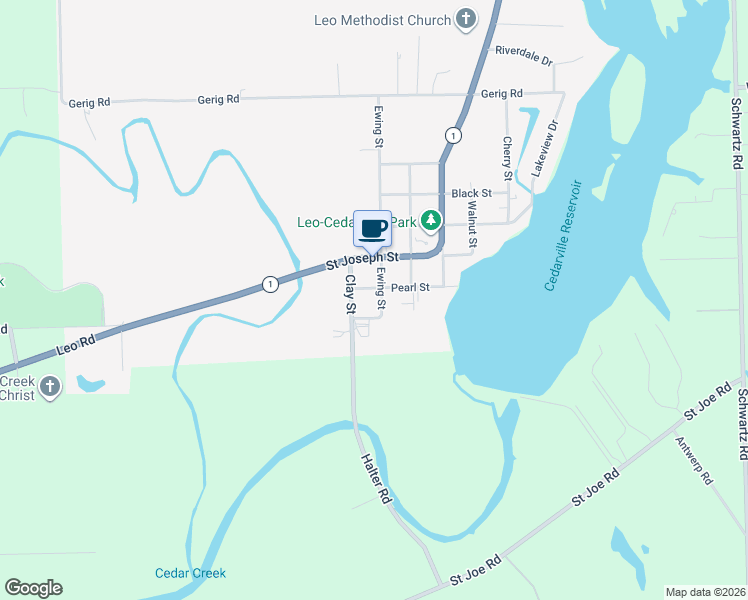 map of restaurants, bars, coffee shops, grocery stores, and more near 12725 Ewing Street in Leo-Cedarville