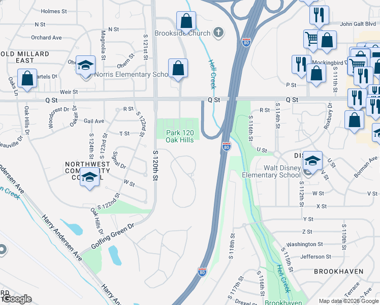 map of restaurants, bars, coffee shops, grocery stores, and more near 5621 S 118th Plaza in Omaha