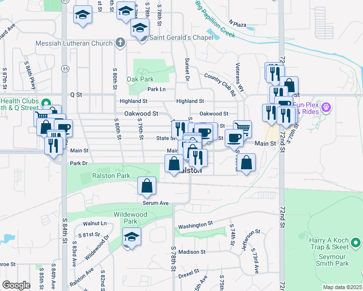 map of restaurants, bars, coffee shops, grocery stores, and more near 5520 Miller Avenue in Ralston
