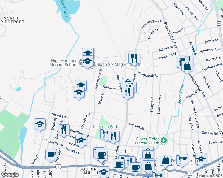 map of restaurants, bars, coffee shops, grocery stores, and more near 72 Manila Street in Bridgeport