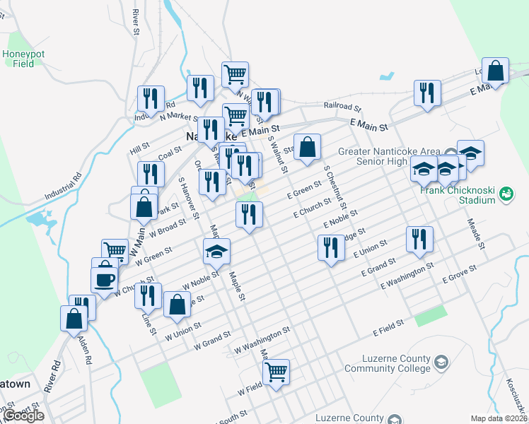 map of restaurants, bars, coffee shops, grocery stores, and more near 35 East Green Street in Nanticoke