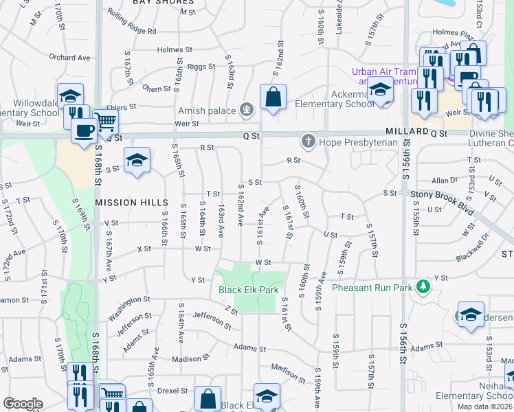 map of restaurants, bars, coffee shops, grocery stores, and more near 5513 South 162nd Avenue in Omaha