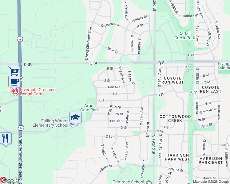 map of restaurants, bars, coffee shops, grocery stores, and more near 19472 T Street in Omaha
