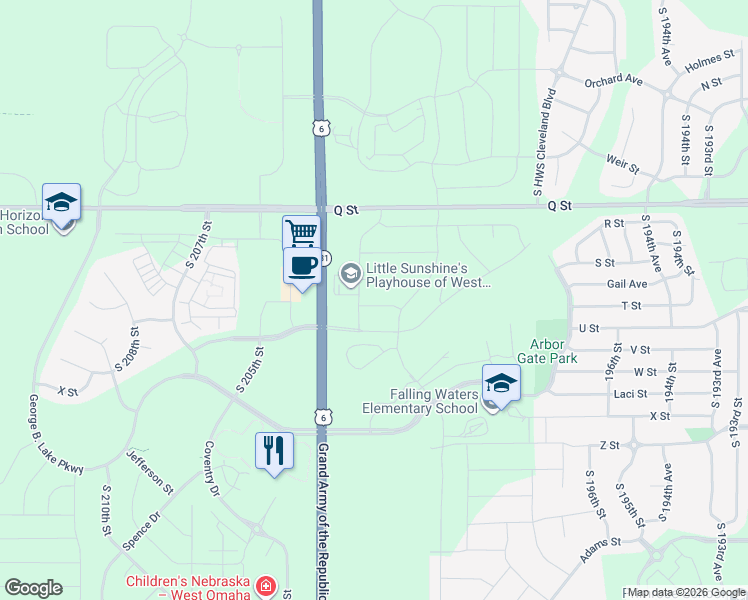 map of restaurants, bars, coffee shops, grocery stores, and more near 5415 South 204th Street in Douglas County