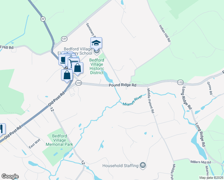 map of restaurants, bars, coffee shops, grocery stores, and more near 77 Pound Ridge Road in Bedford