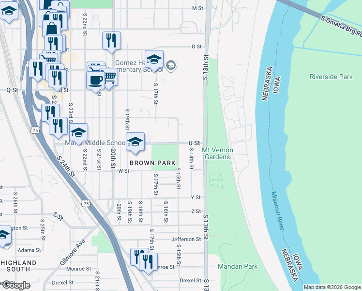 map of restaurants, bars, coffee shops, grocery stores, and more near 5601 South 15th Street in Omaha