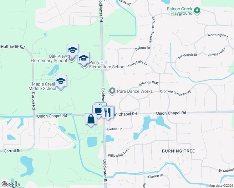 map of restaurants, bars, coffee shops, grocery stores, and more near 12817 Jade Cove in Fort Wayne