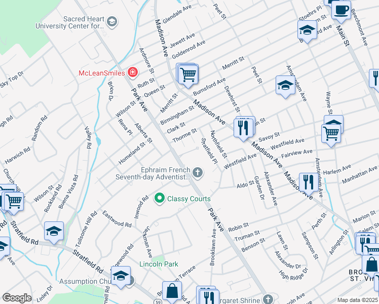 map of restaurants, bars, coffee shops, grocery stores, and more near 3300 Park Avenue in Bridgeport