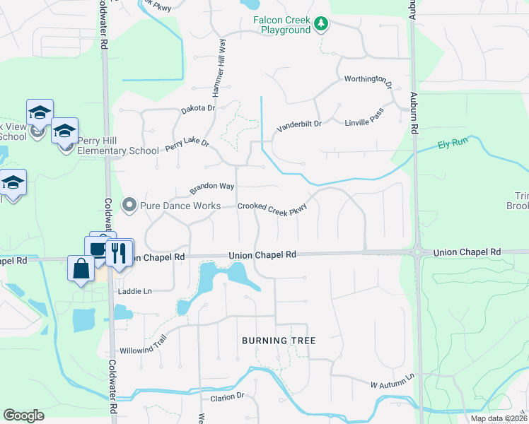 map of restaurants, bars, coffee shops, grocery stores, and more near 1420 Crooked Creek Parkway in Fort Wayne