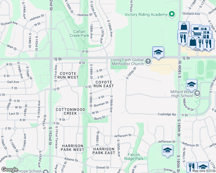 map of restaurants, bars, coffee shops, grocery stores, and more near 18652 Allan Street in Omaha