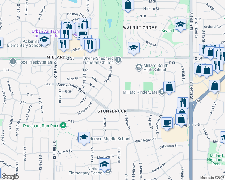 map of restaurants, bars, coffee shops, grocery stores, and more near 5529 South 152nd Street in Omaha