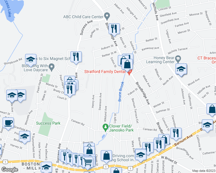 map of restaurants, bars, coffee shops, grocery stores, and more near 352 Wiklund Avenue in Stratford