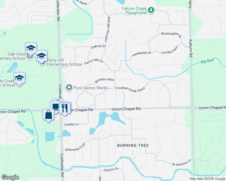 map of restaurants, bars, coffee shops, grocery stores, and more near 12834 Calaway Drive in Fort Wayne