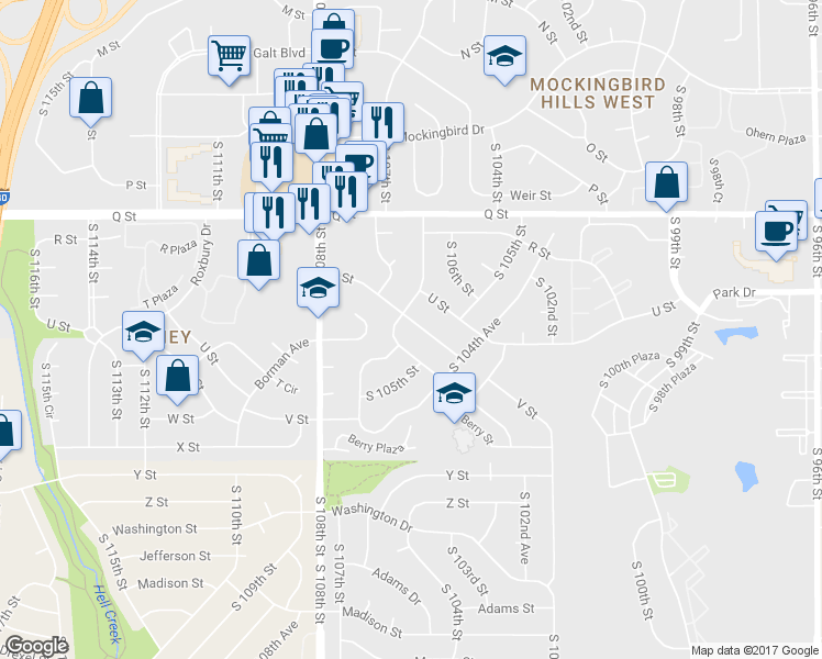 map of restaurants, bars, coffee shops, grocery stores, and more near 10529 V Street in Omaha