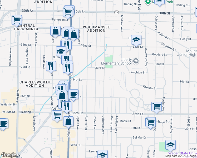 map of restaurants, bars, coffee shops, grocery stores, and more near 3374 Porter Avenue in Ogden