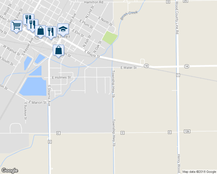 map of restaurants, bars, coffee shops, grocery stores, and more near 640 East Holmes Street in Deshler