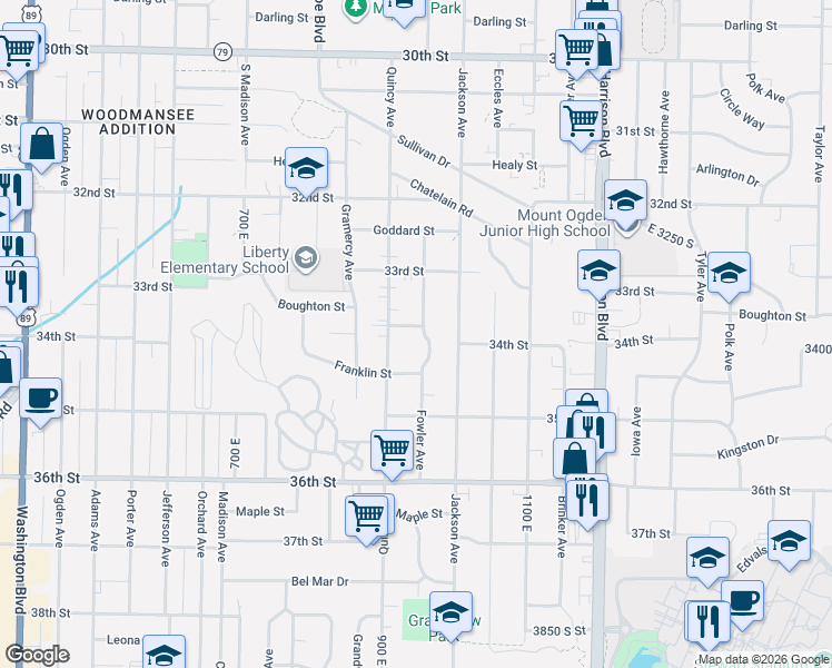 map of restaurants, bars, coffee shops, grocery stores, and more near 3377 South Fowler Avenue in Ogden