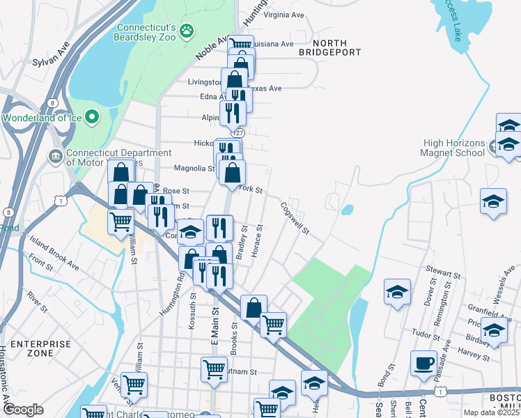 map of restaurants, bars, coffee shops, grocery stores, and more near 271 Horace Street in Bridgeport